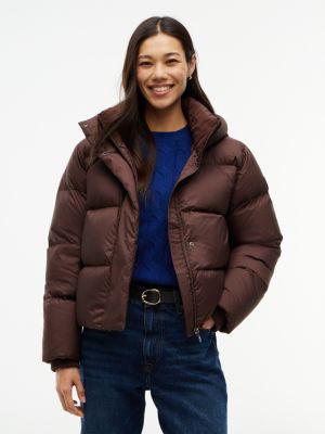 brown logo embroidery water repellent down jacket for women tommy hilfiger