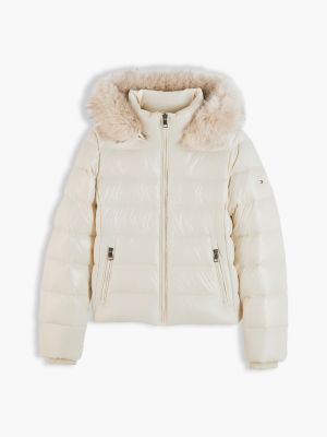 beige shiny down faux fur hooded fitted jacket for women tommy hilfiger
