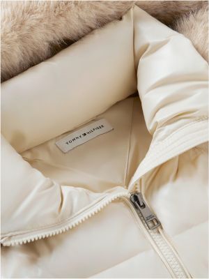 beige shiny down faux fur hooded fitted jacket for women tommy hilfiger