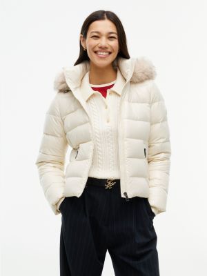 beige shiny down faux fur hooded fitted jacket for women tommy hilfiger