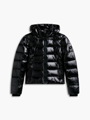 zwart glanzend getailleerd donsjack met capuchon van imitatiebont voor dames - tommy hilfiger