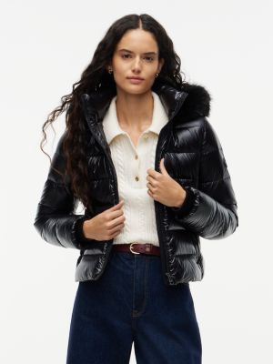 black shiny down faux fur hooded fitted jacket for women tommy hilfiger