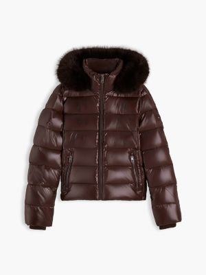 brown shiny down faux fur hooded fitted jacket for women tommy hilfiger