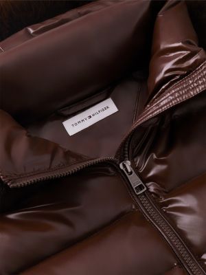 brown shiny down faux fur hooded fitted jacket for women tommy hilfiger