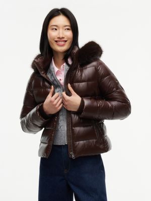 brown shiny down faux fur hooded fitted jacket for women tommy hilfiger