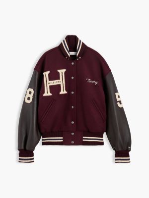 red manteco wool blend leather varsity jacket for women tommy hilfiger