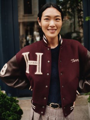 rot college-jacke aus manteco-wollmix und leder für damen - tommy hilfiger