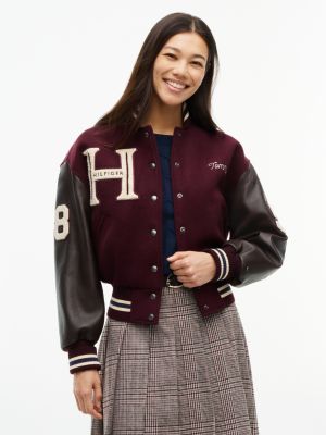 red manteco wool blend leather varsity jacket for women tommy hilfiger