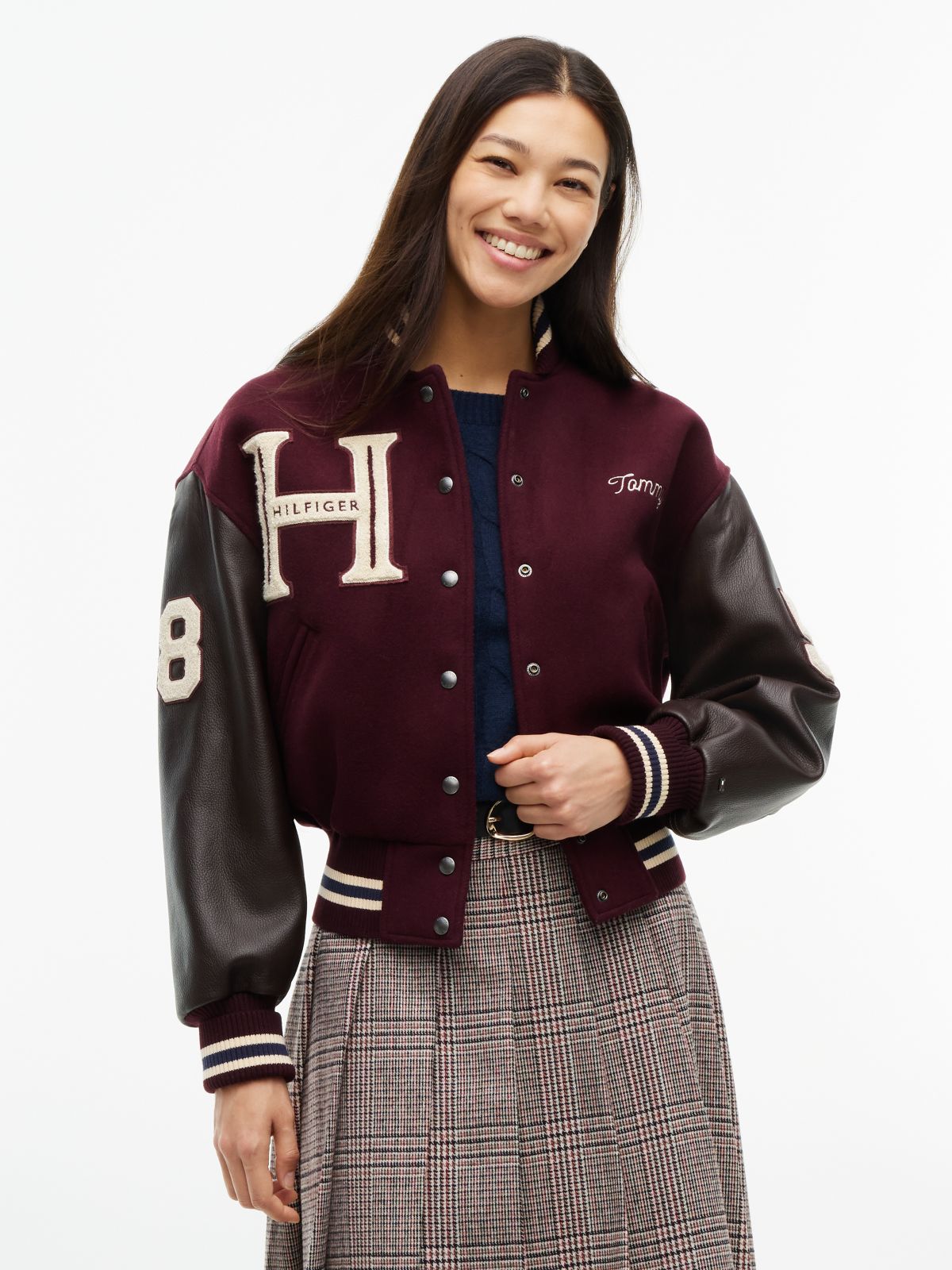 Manteco Wool Blend Leather Varsity Jacket — Red