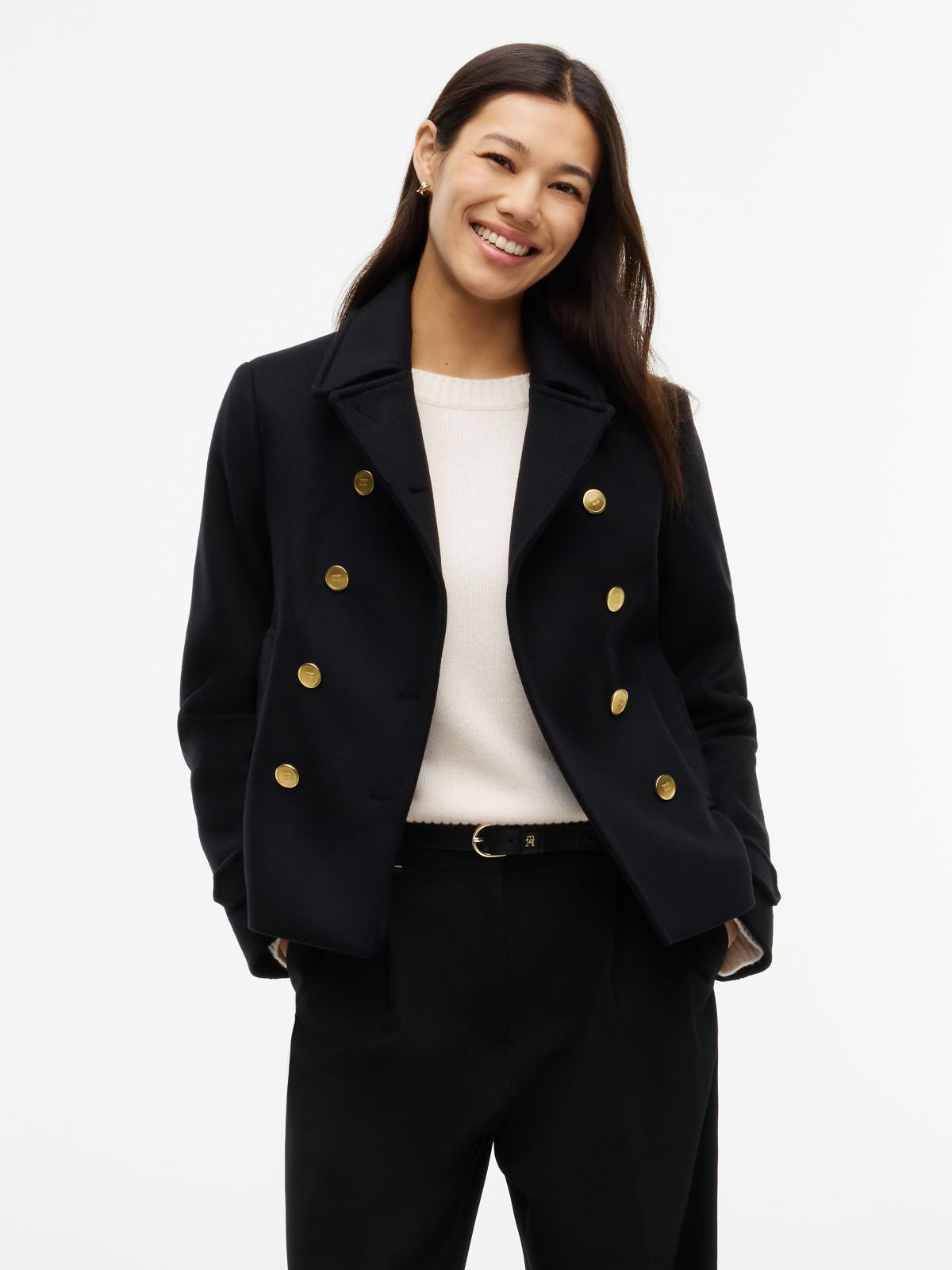 Manteco Wool Blend Slim Peacoat Jacket — Black