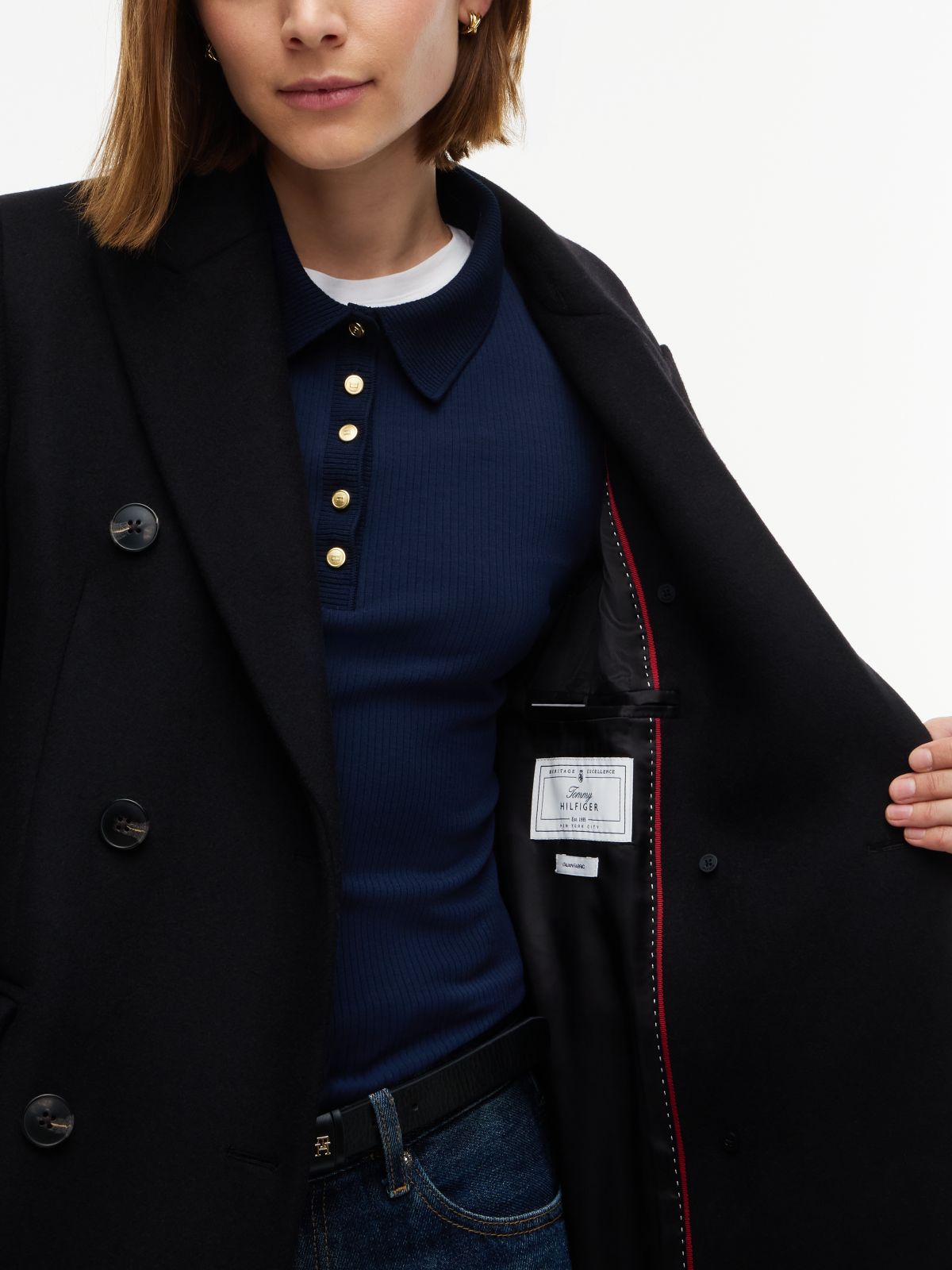 Manteco Wool Blend Slim Double Breasted Longline Coat — Black