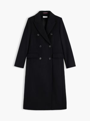 black manteco wool blend slim double breasted longline coat for women tommy hilfiger
