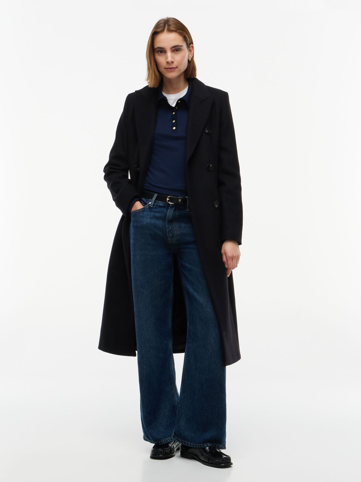 Manteco Wool Blend Slim Double Breasted Longline Coat — Black