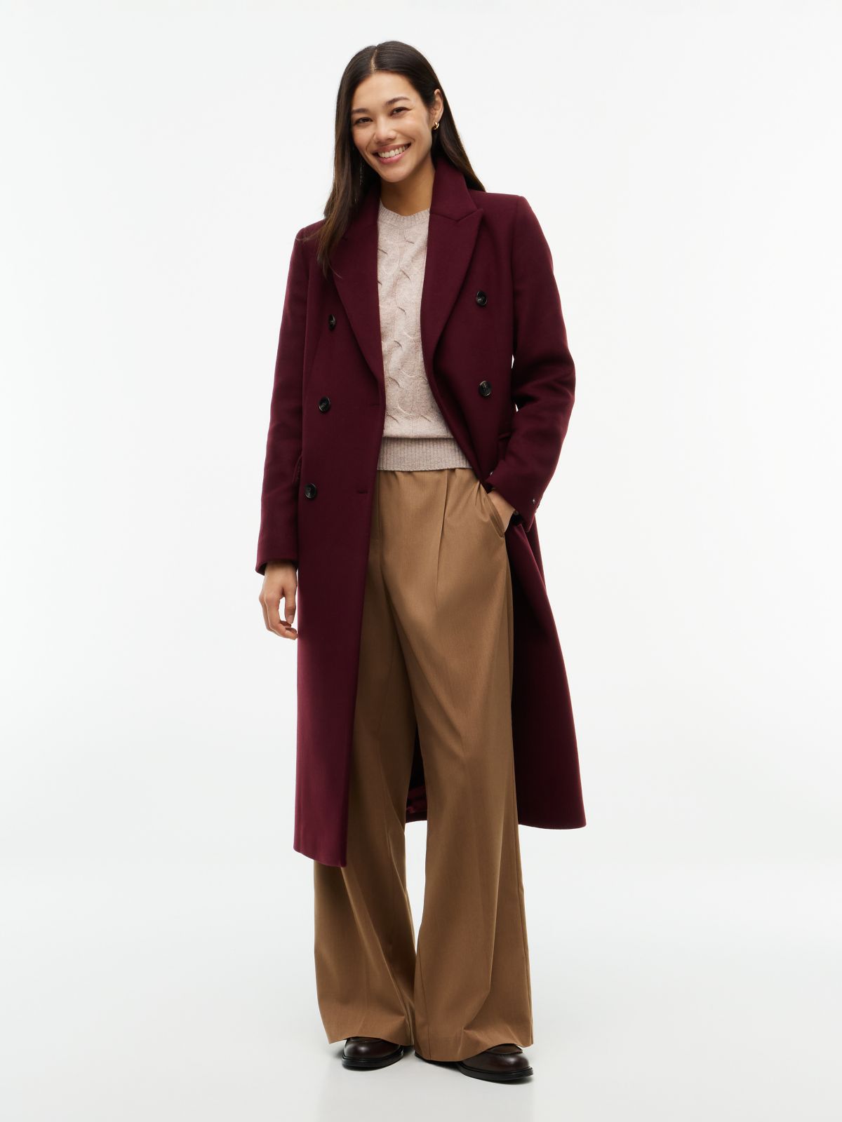 Manteco Wool Blend Slim Double Breasted Longline Coat — Red