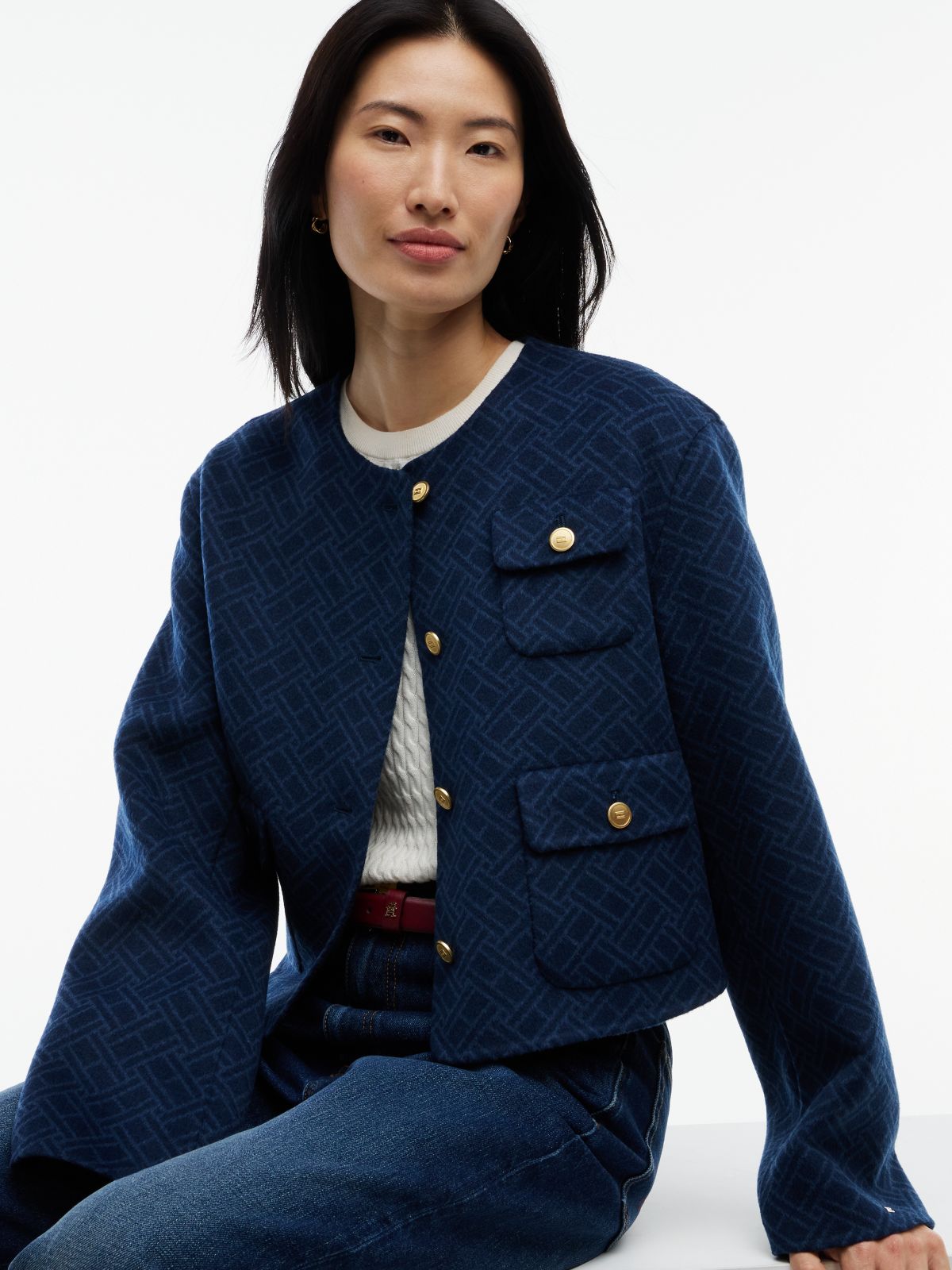 Double-Faced Wool Blend Jacquard Slim Jacket — Blue
