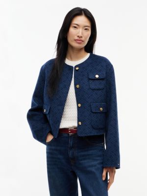 blue double-faced wool blend jacquard slim jacket for women tommy hilfiger