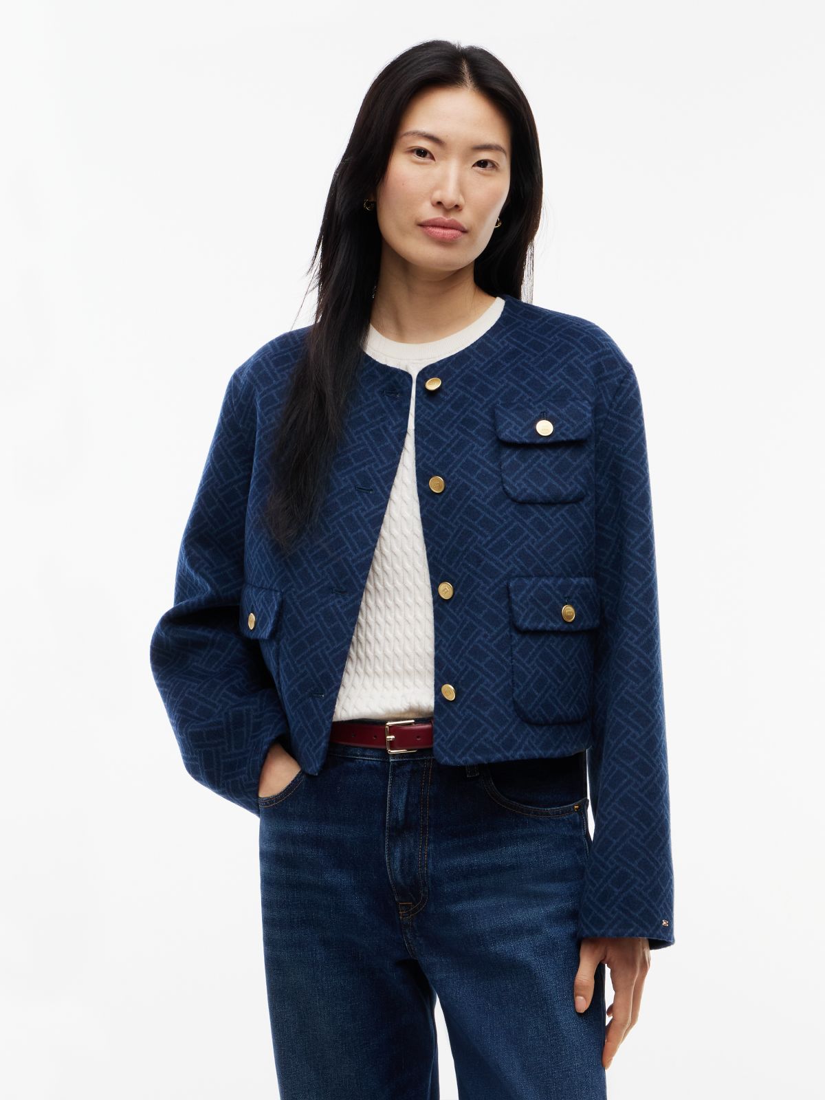 Double-Faced Wool Blend Jacquard Slim Jacket — Blue