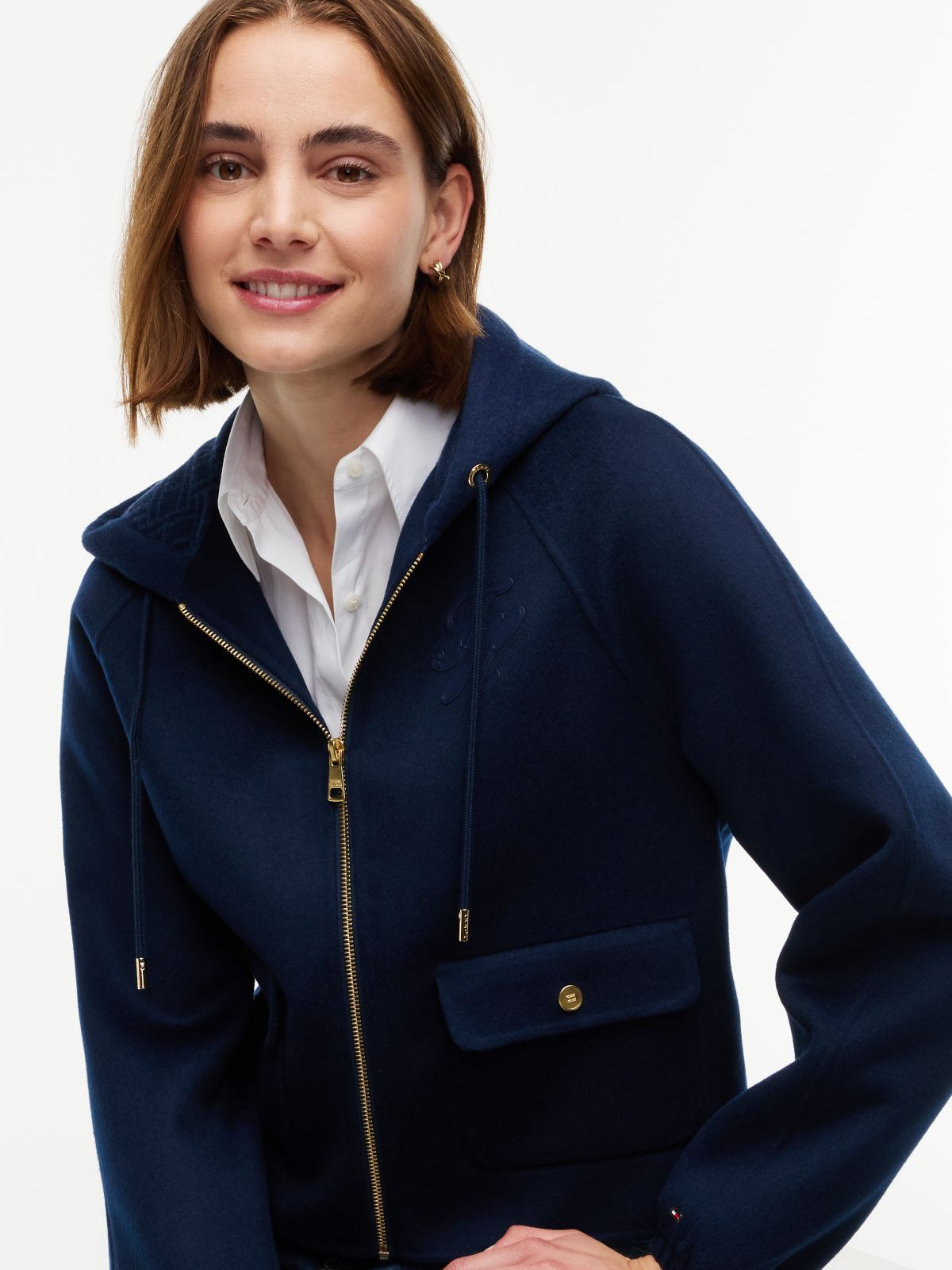 Double-Faced Wool Blend Relaxed Hooded Jacket — Blue