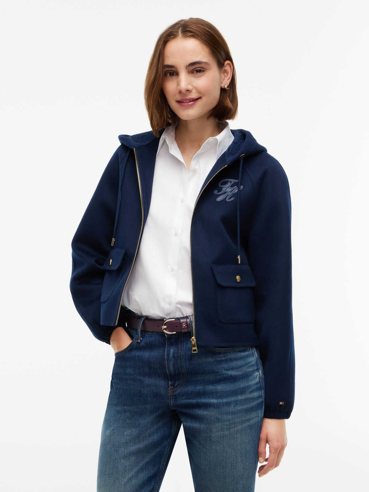 Double-Faced Wool Blend Relaxed Hooded Jacket — Blue