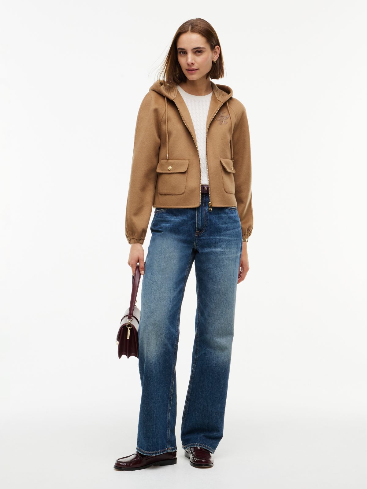 Double-Faced Wool Blend Relaxed Hooded Jacket — Brown