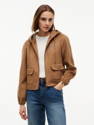 veste à capuche en laine mélangée double-face brown pour femmes tommy hilfiger