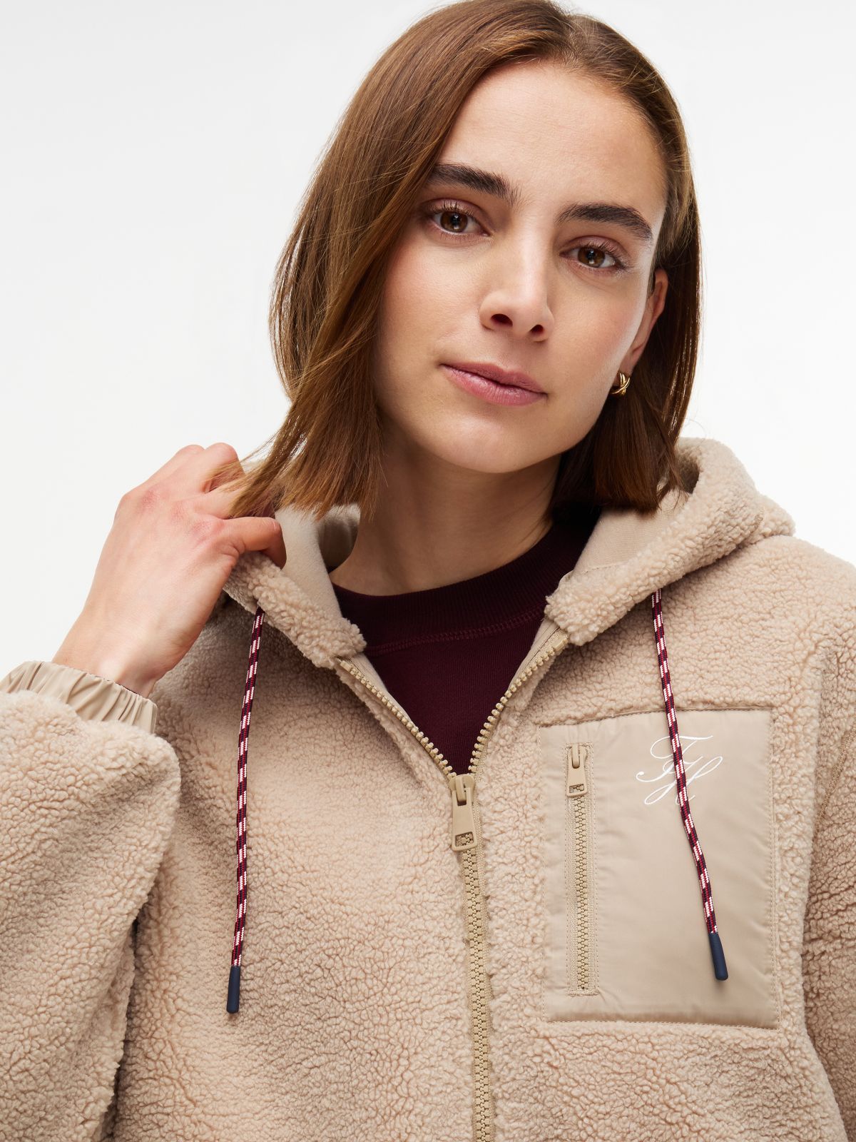 Teddy Fleece Zip-Thru Relaxed Hooded Jacket — Beige