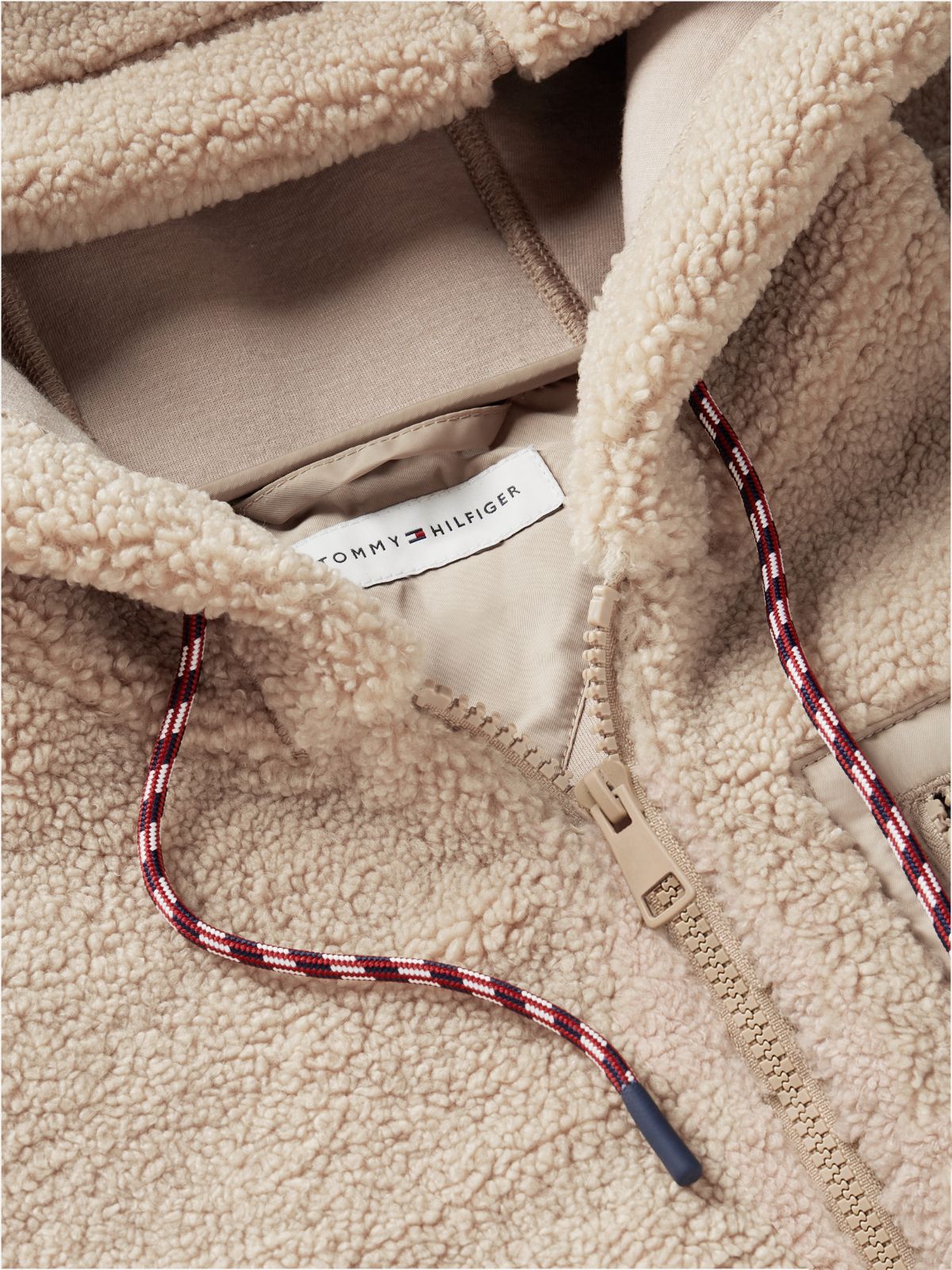 Teddy Fleece Zip-Thru Relaxed Hooded Jacket — Beige