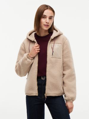 veste à capuche décontractée zippée en polaire beige pour femmes tommy hilfiger