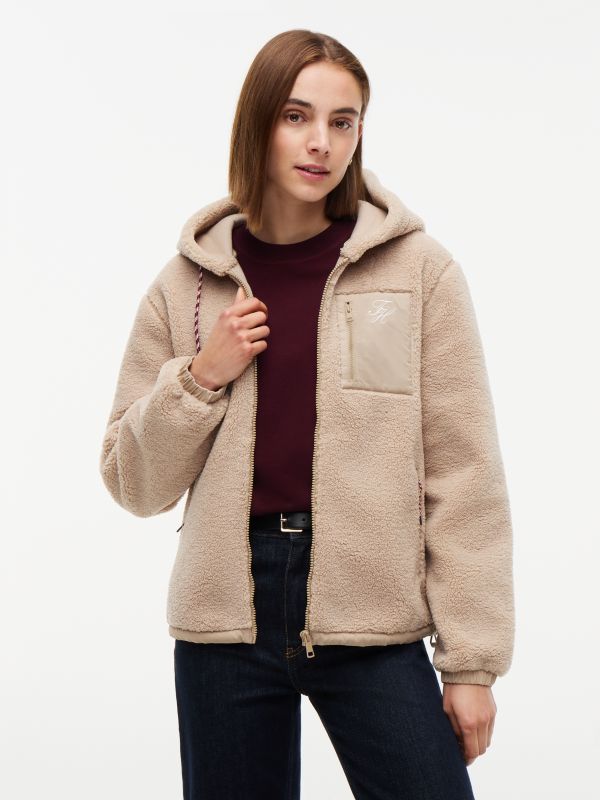 Teddy Fleece Zip-Thru Relaxed Hooded Jacket — Beige