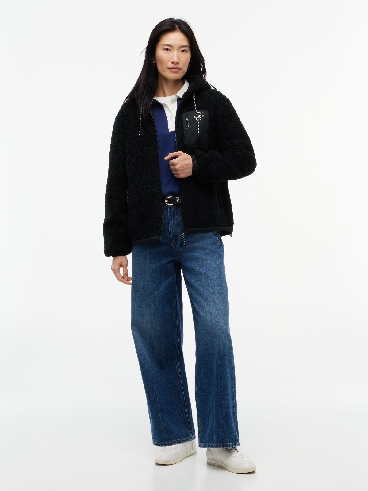 Teddy Fleece Zip-Thru Relaxed Hooded Jacket — Black