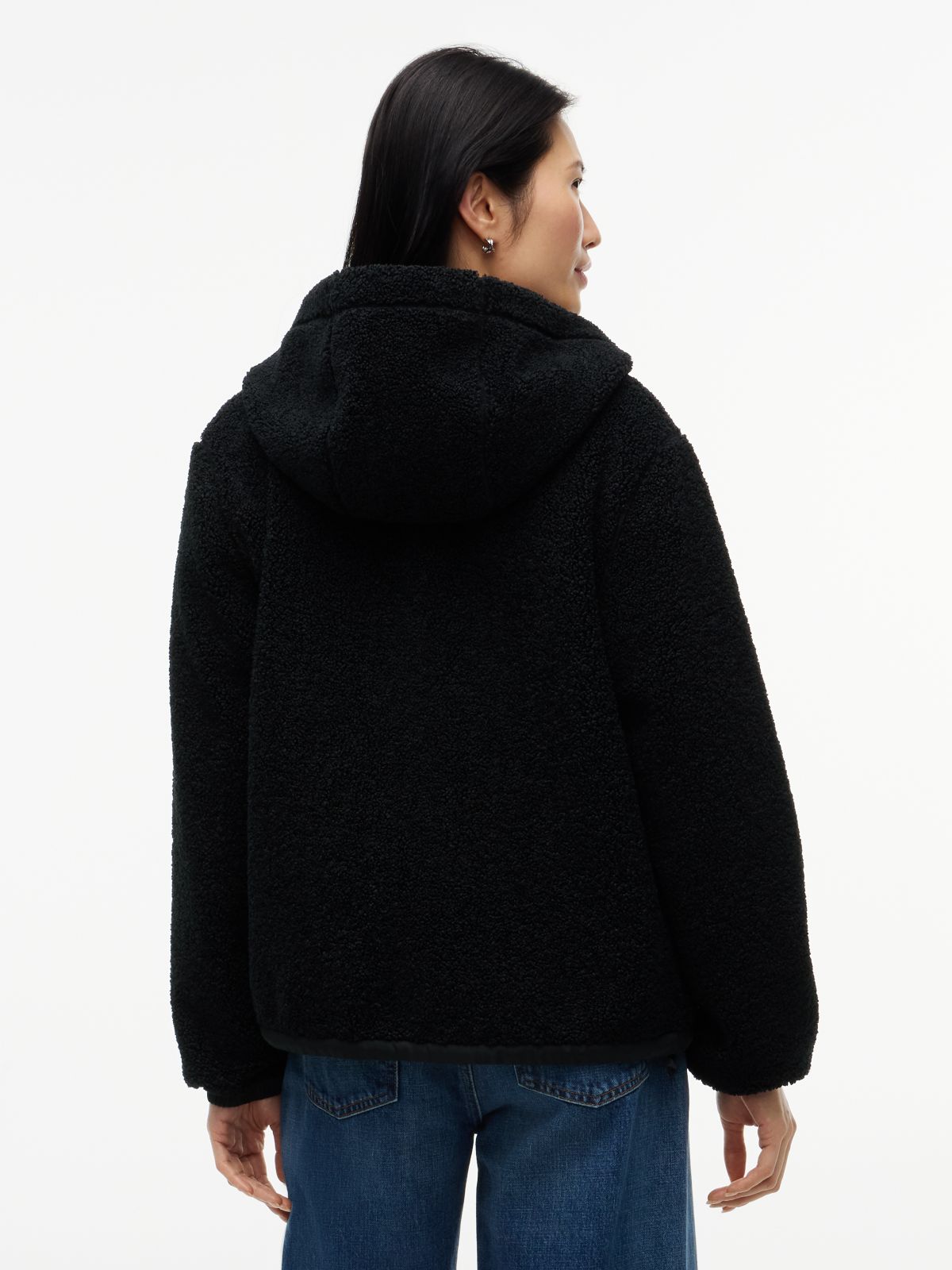 Teddy Fleece Zip-Thru Relaxed Hooded Jacket — Black