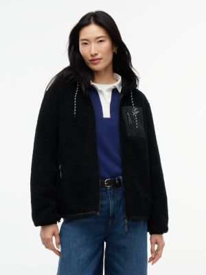 black teddy fleece zip-thru relaxed hooded jacket for women tommy hilfiger