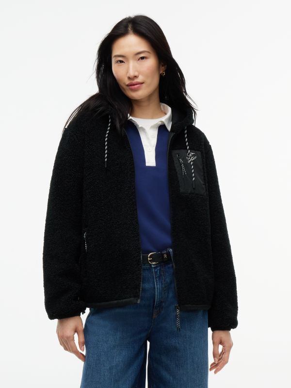 Teddy Fleece Zip-Thru Relaxed Hooded Jacket — Black