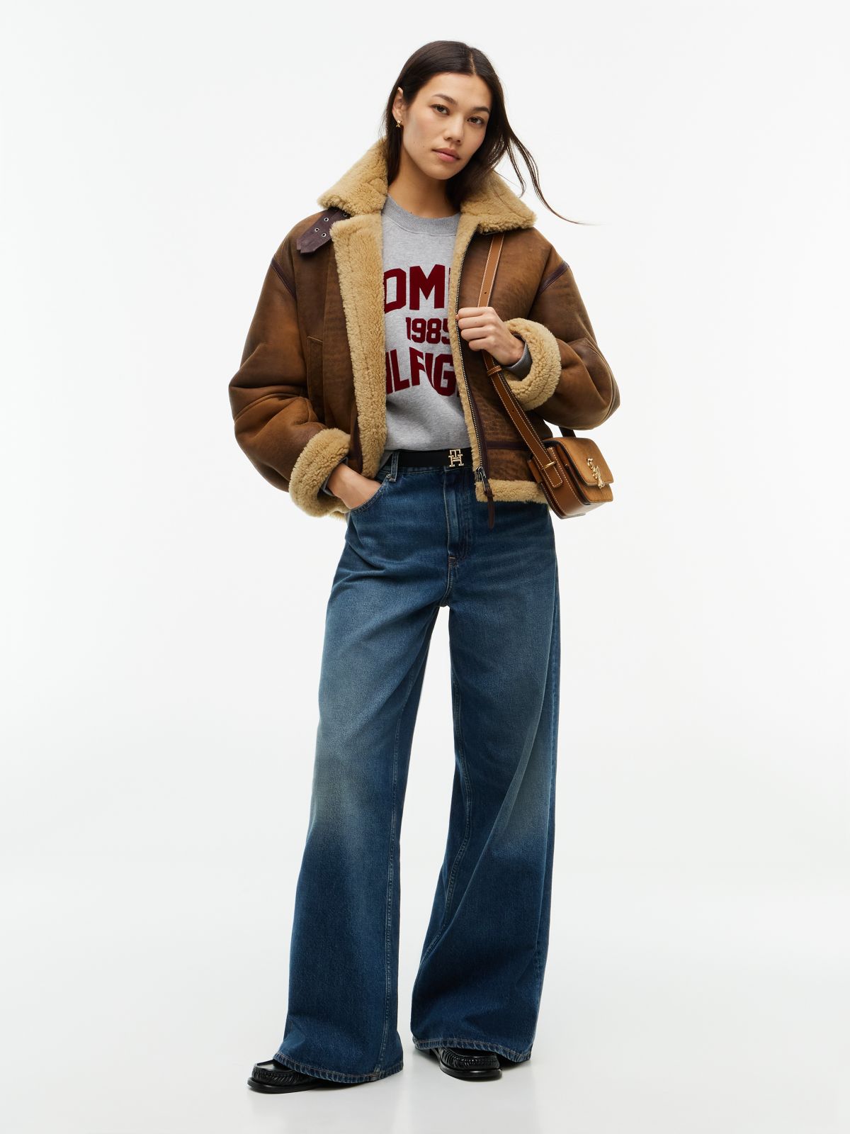 Leather Shearling Relaxed Coat — Brown
