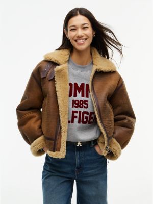 cappotto relaxed fit in pelle e shearling brown da donne tommy hilfiger