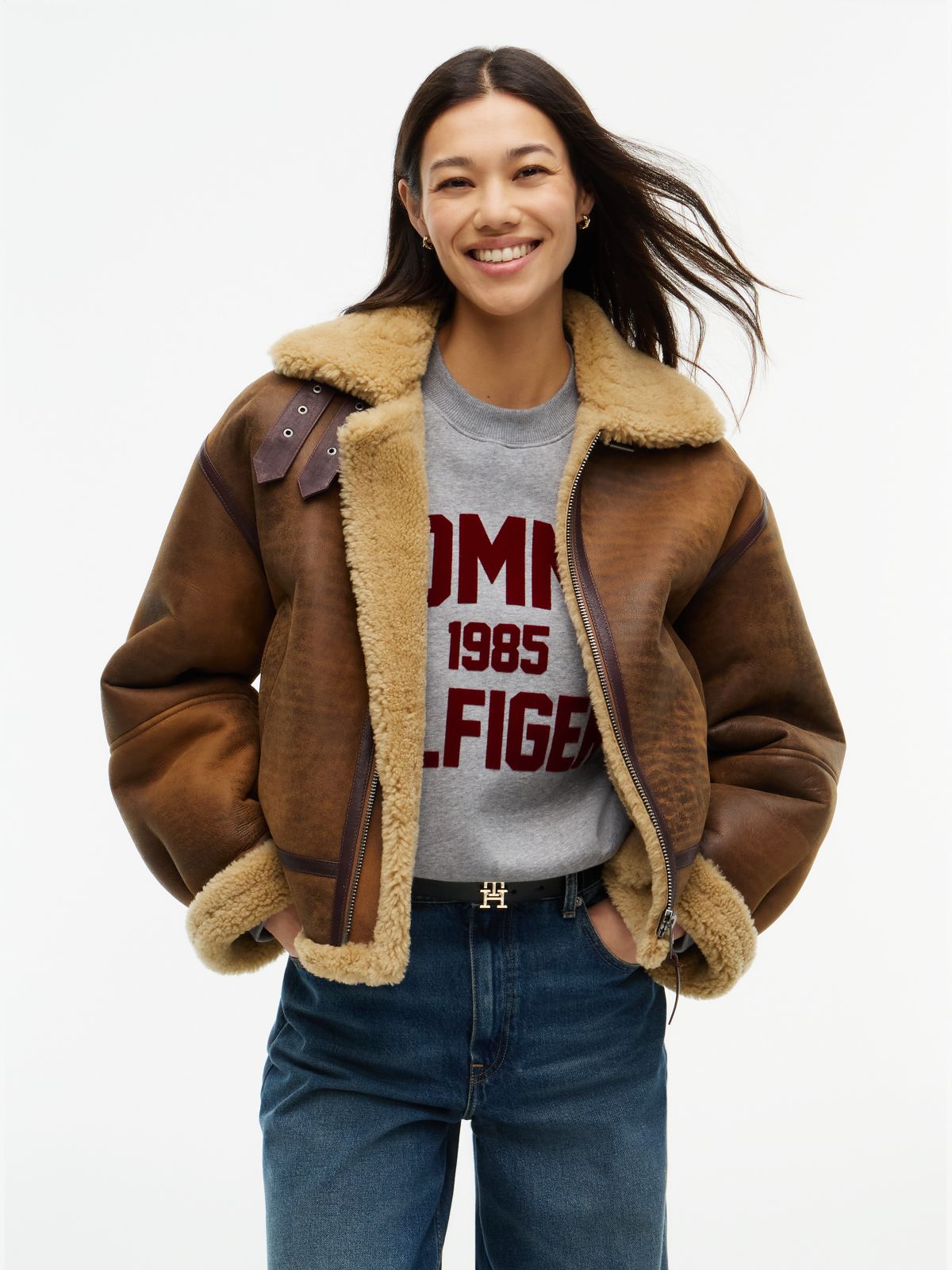 Leather Shearling Relaxed Coat — Brown