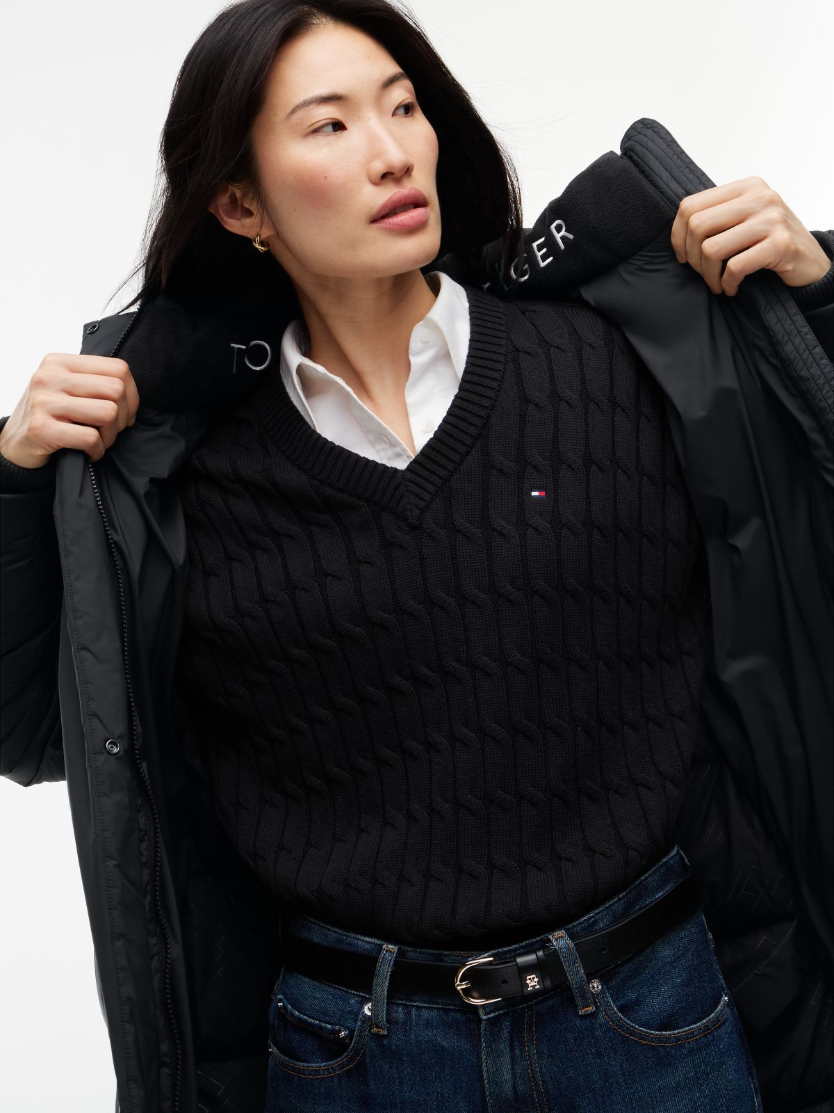 Water Repellent Down Hooded Coat — Black