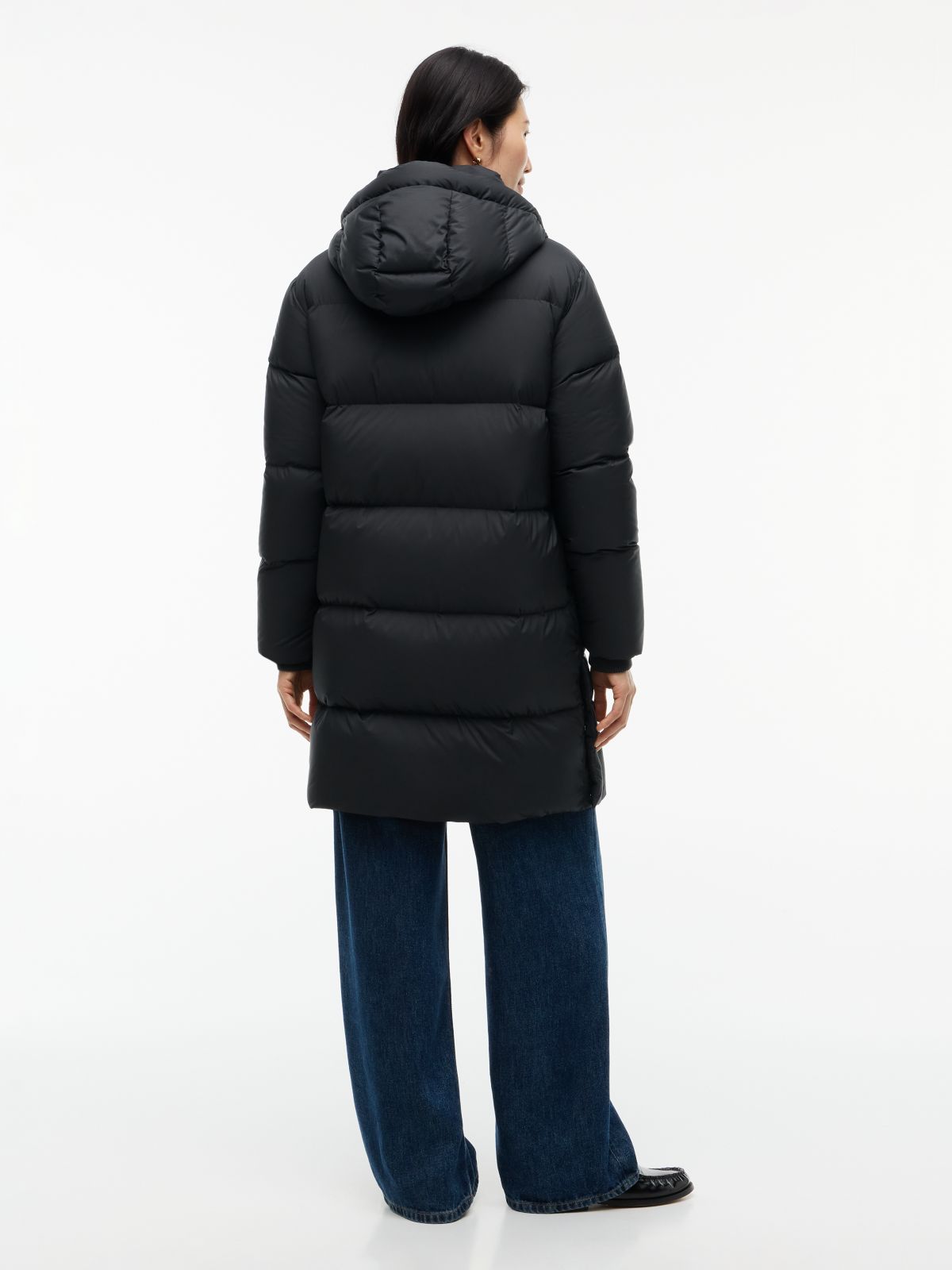 Water Repellent Down Hooded Coat — Black