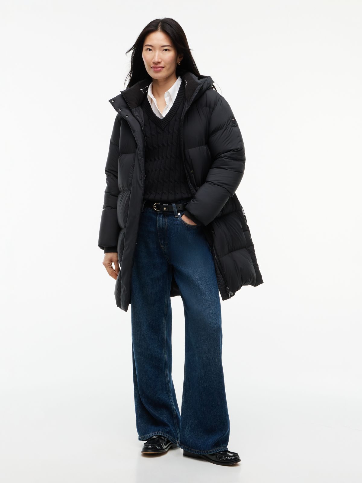 Water Repellent Down Hooded Coat — Black