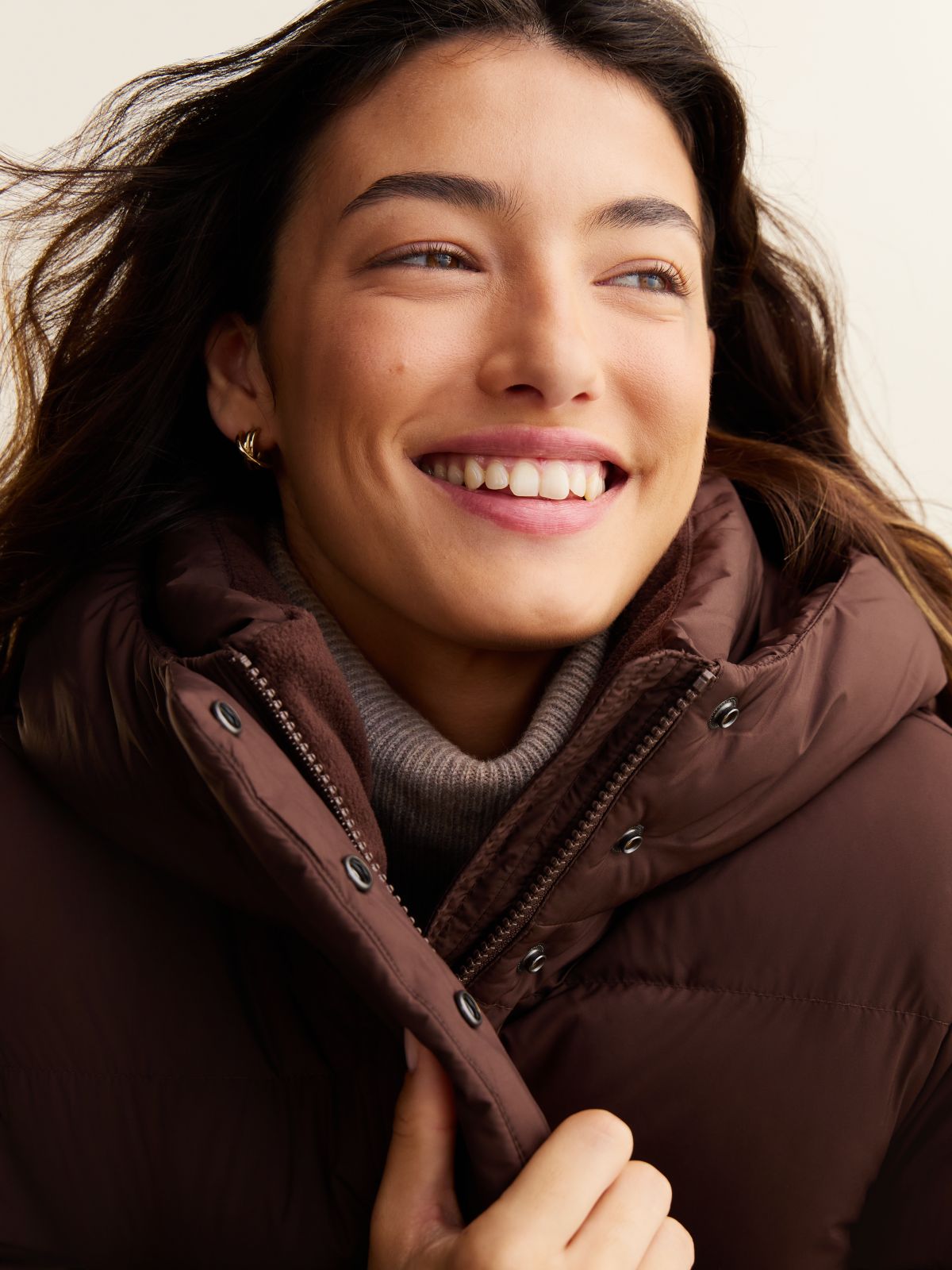 Water Repellent Down Hooded Coat — Brown