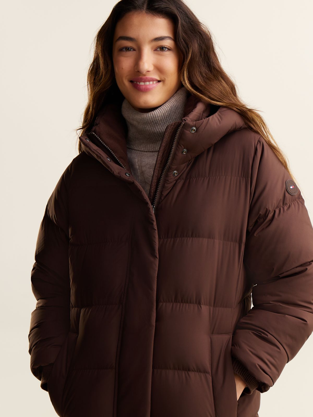Water Repellent Down Hooded Coat — Brown
