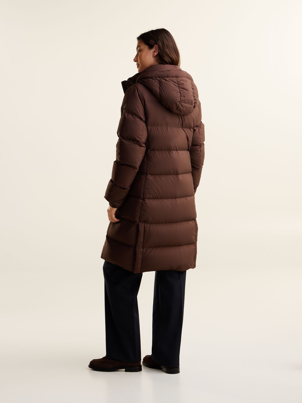 Water Repellent Down Hooded Coat — Brown
