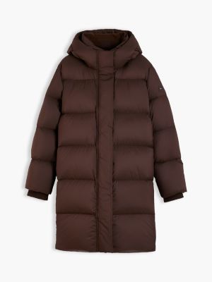 brown water repellent down hooded coat for women tommy hilfiger