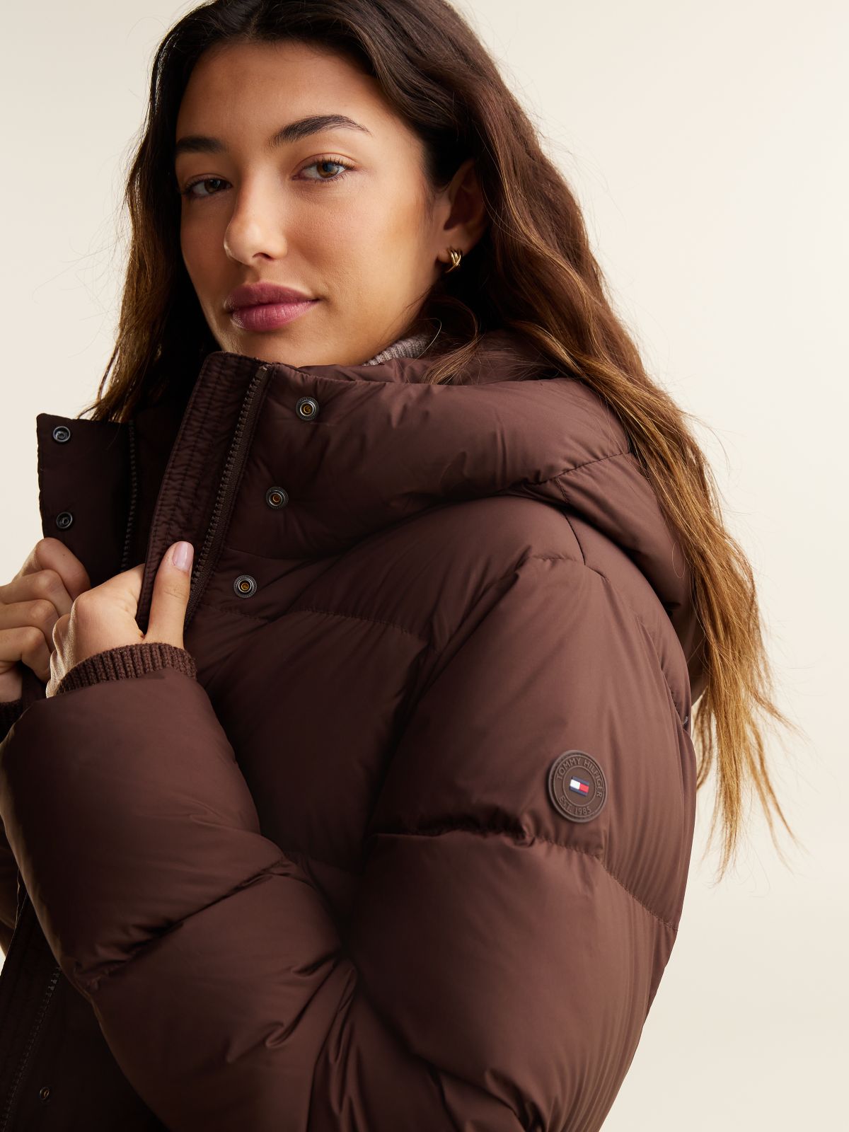 Water Repellent Down Hooded Coat — Brown