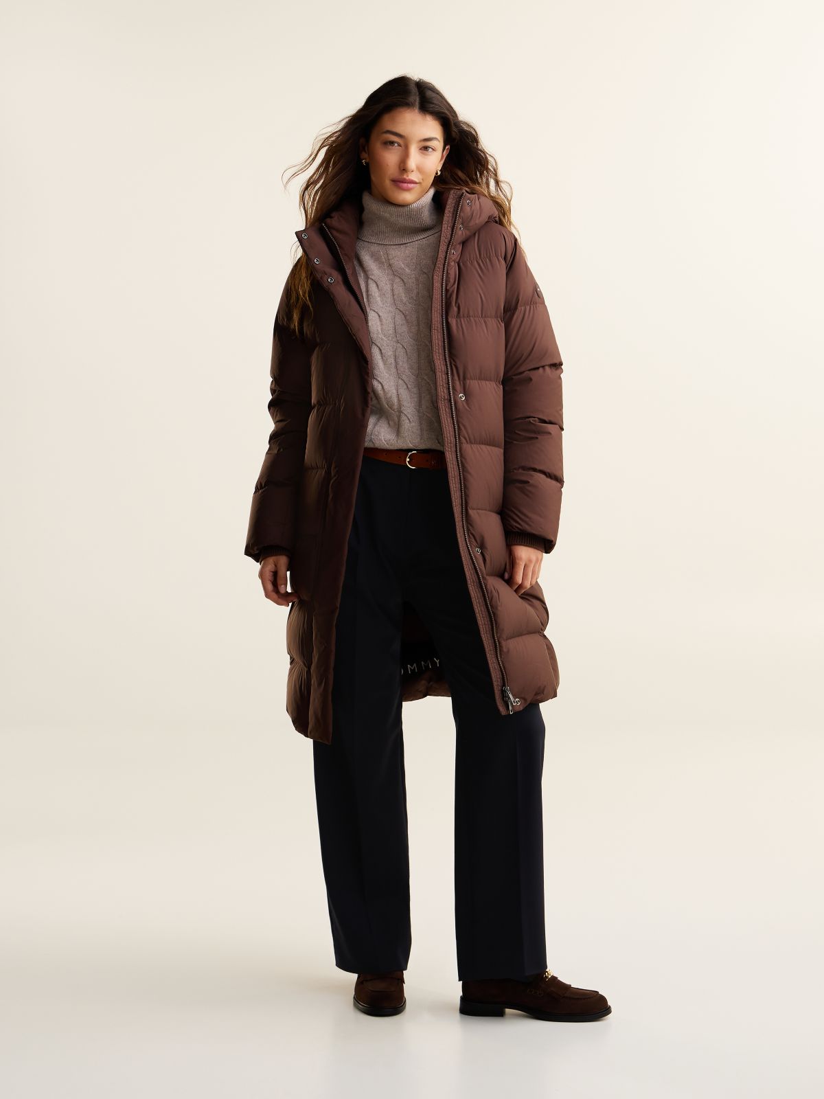 Water Repellent Down Hooded Coat — Brown