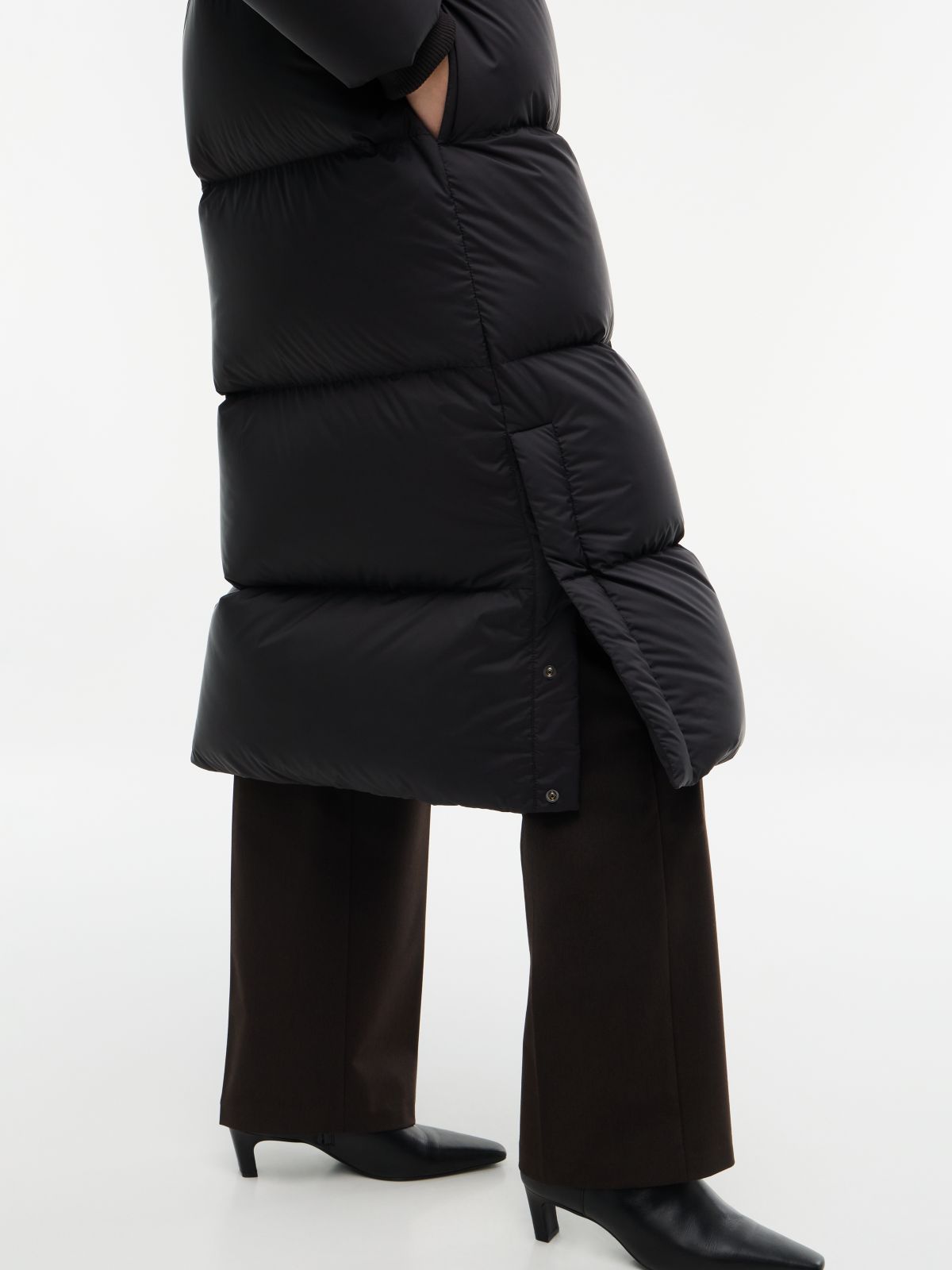 Water Repellent Down Hooded Longline Coat — Black