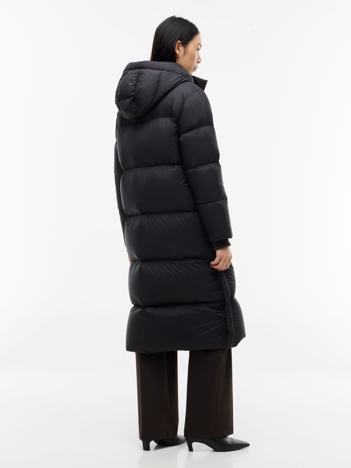 Water Repellent Down Hooded Longline Coat — Black