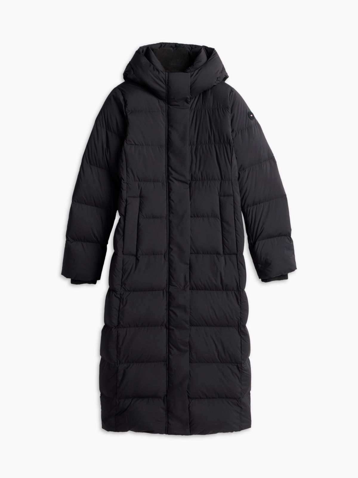 Water Repellent Down Hooded Longline Coat — Black