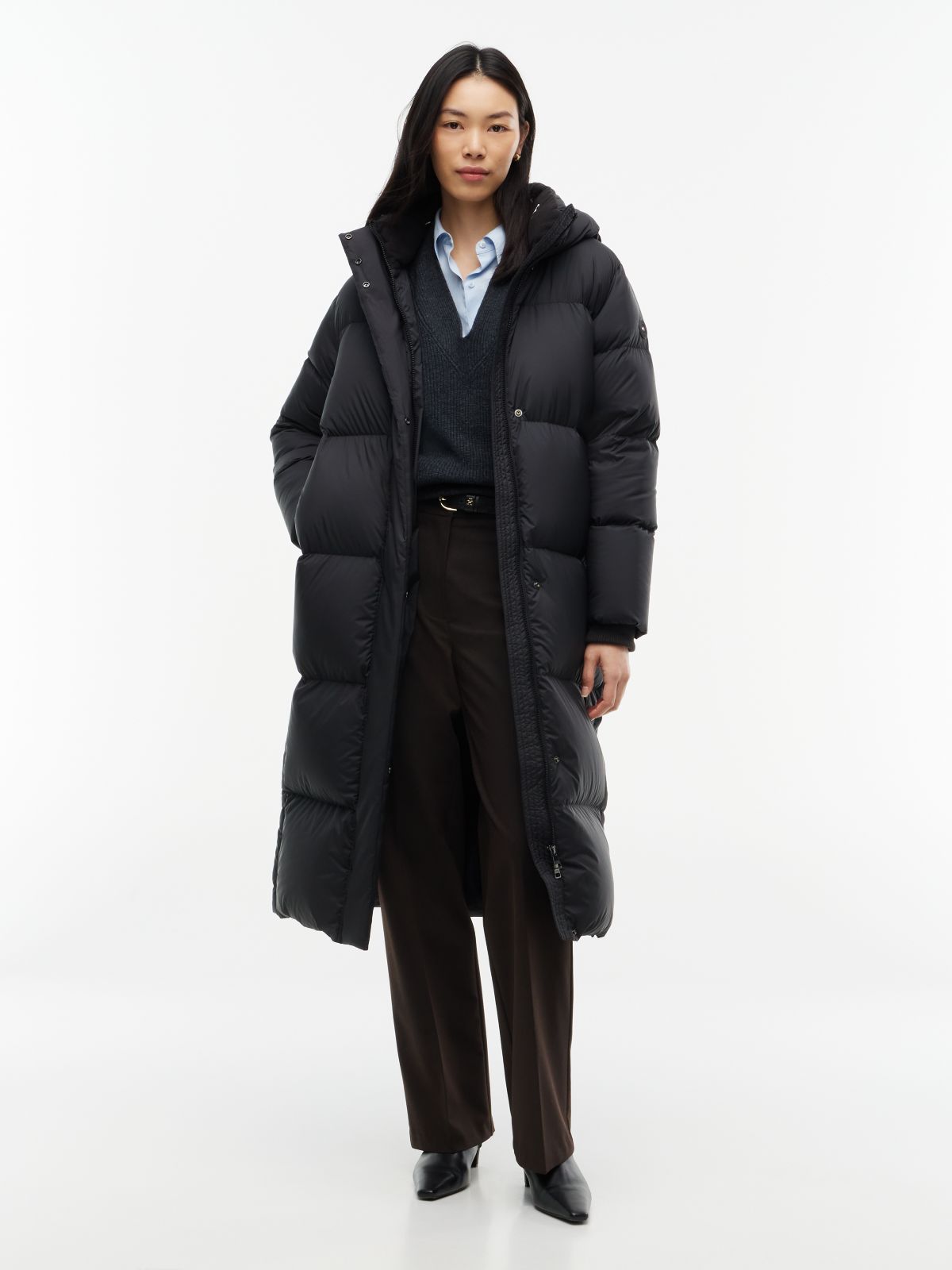 Water Repellent Down Hooded Longline Coat — Black