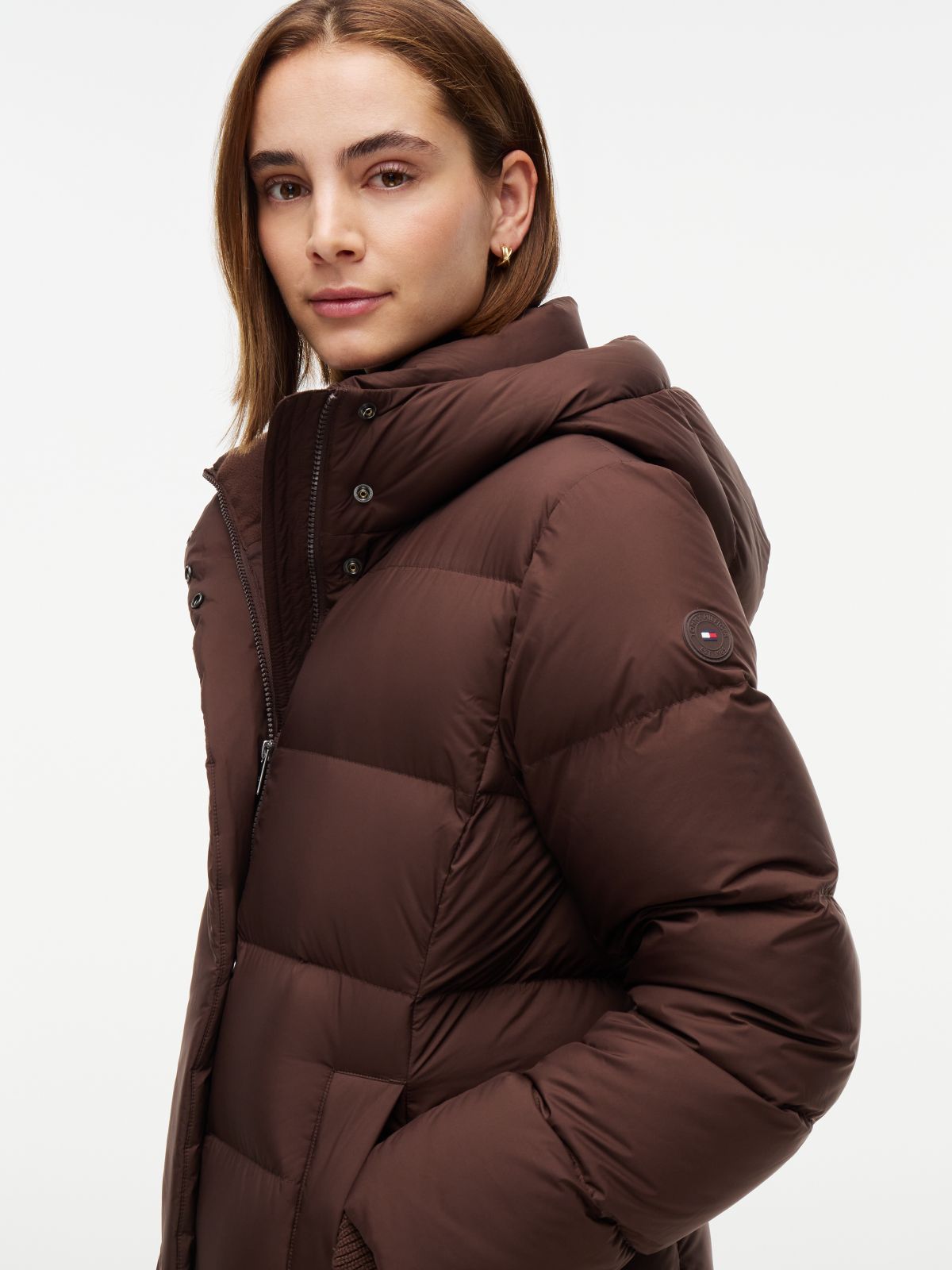 Water Repellent Down Hooded Longline Coat — Brown